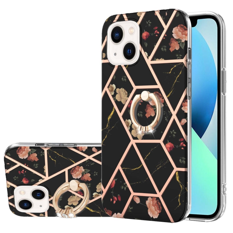 For iPhone 14 Plus Electroplating Splicing Marble Flower Pattern TPU Shockproof Case with Rhinestone Ring Holder