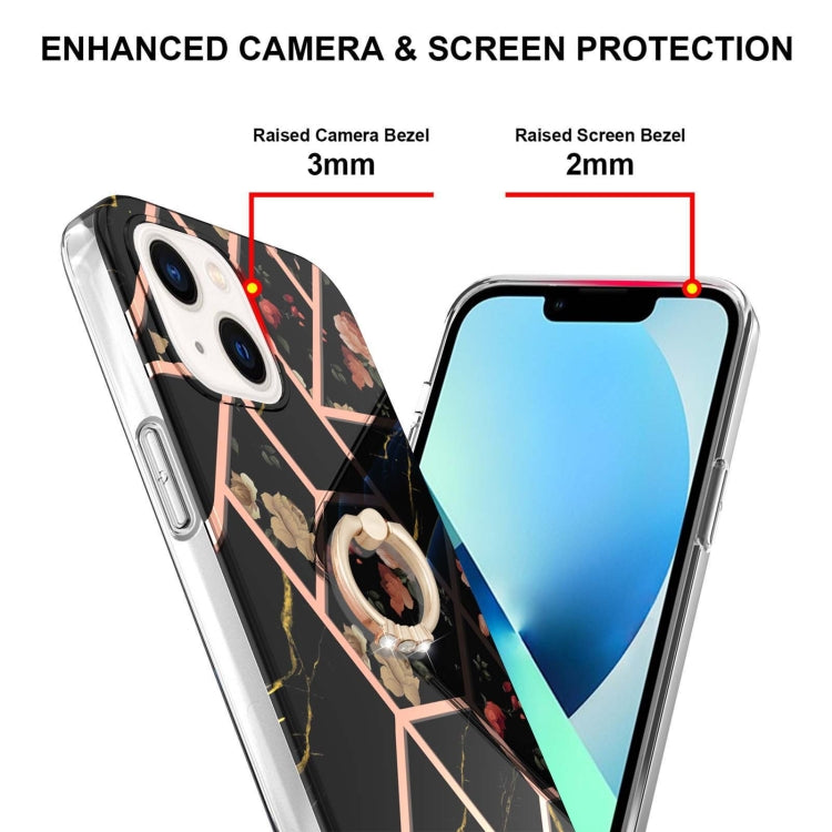 For iPhone 14 Plus Electroplating Splicing Marble Flower Pattern TPU Shockproof Case with Rhinestone Ring Holder