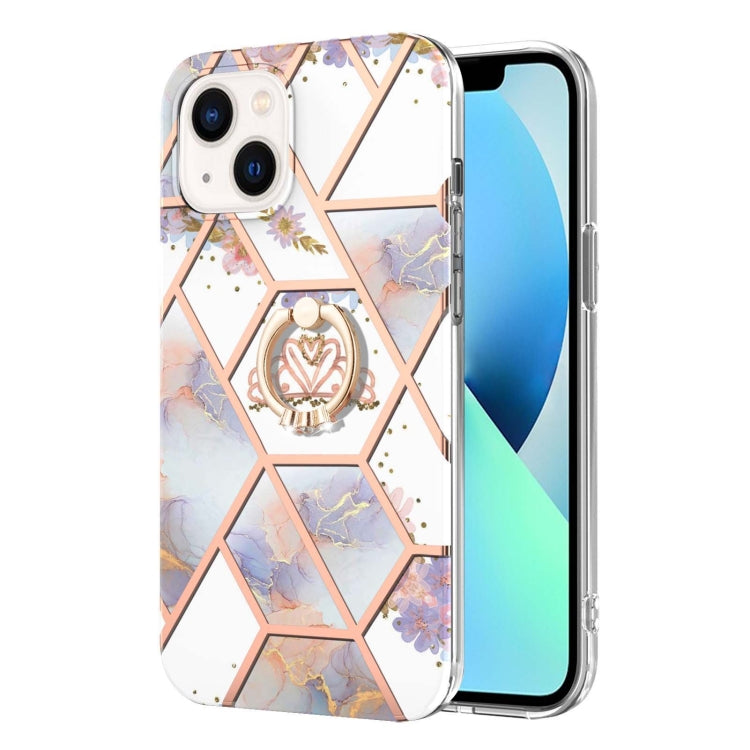 For iPhone 14 Plus Electroplating Splicing Marble Flower Pattern TPU Shockproof Case with Rhinestone Ring Holder
