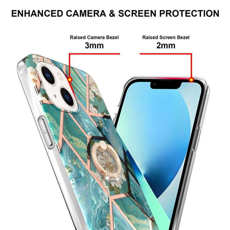 For iPhone 14 Plus Electroplating Splicing Marble Flower Pattern TPU Shockproof Case with Rhinestone Ring Holder