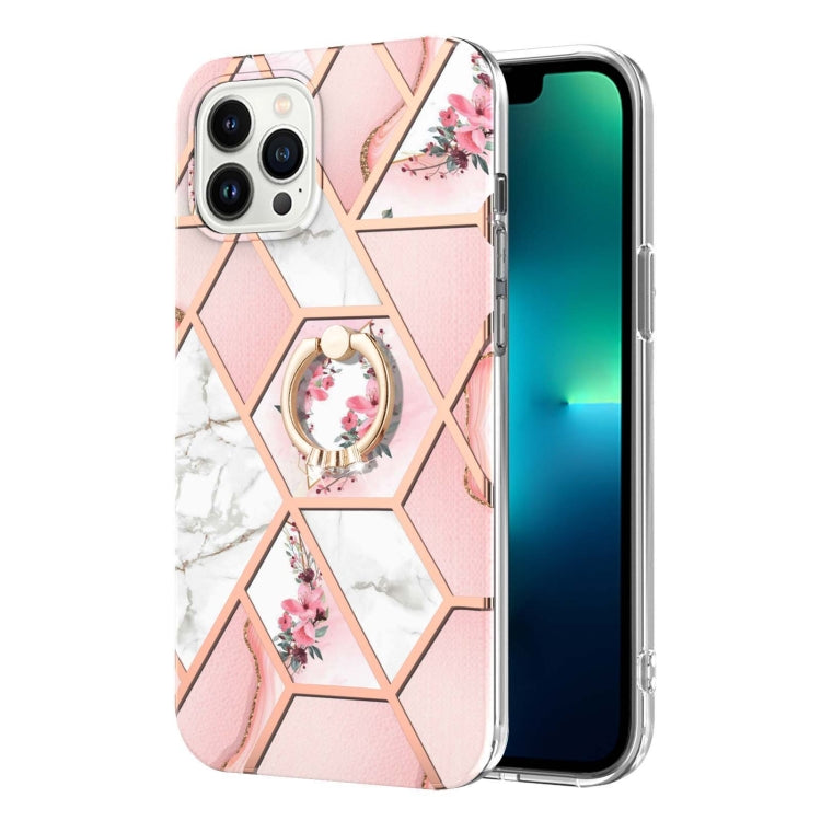 For iPhone 14 Pro Electroplating Splicing Marble Flower Pattern TPU Shockproof Case with Rhinestone Ring Holder