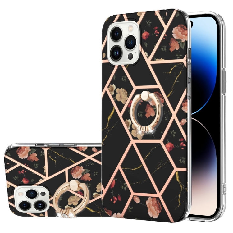 For iPhone 14 Pro Electroplating Splicing Marble Flower Pattern TPU Shockproof Case with Rhinestone Ring Holder
