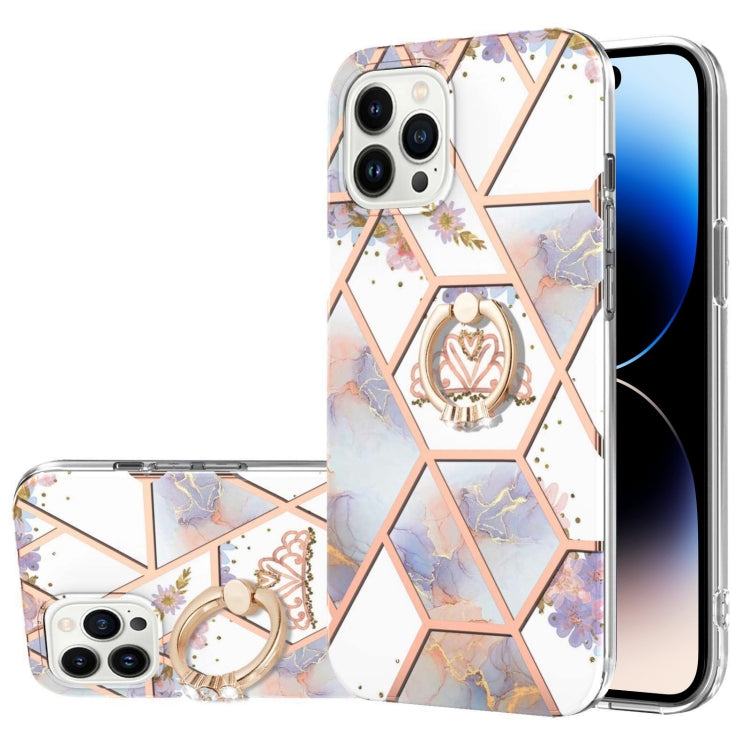 For iPhone 14 Pro Electroplating Splicing Marble Flower Pattern TPU Shockproof Case with Rhinestone Ring Holder