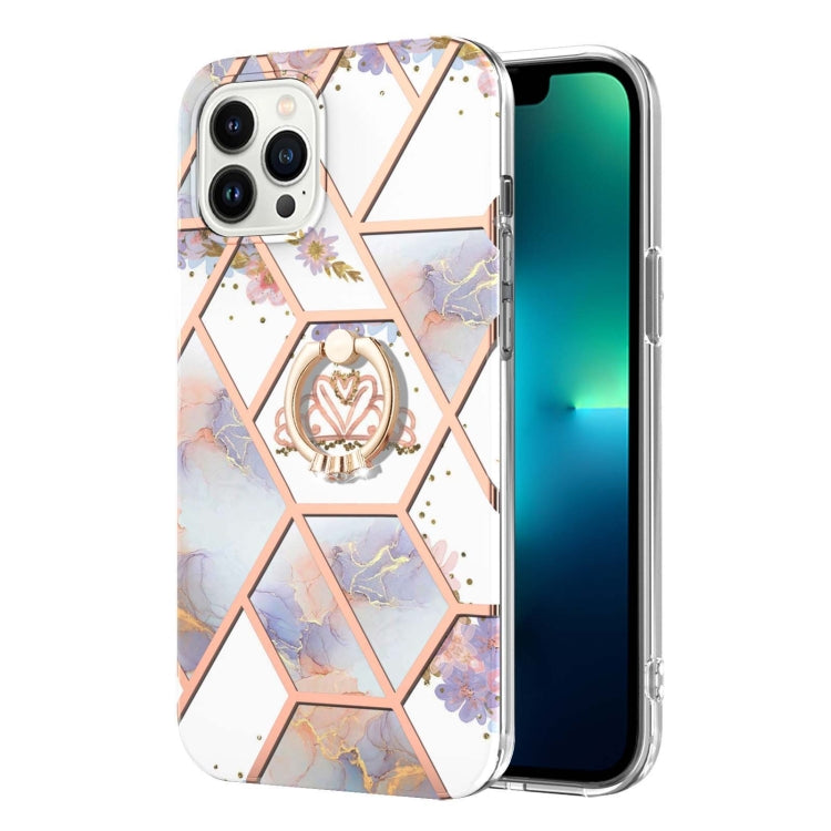For iPhone 14 Pro Electroplating Splicing Marble Flower Pattern TPU Shockproof Case with Rhinestone Ring Holder