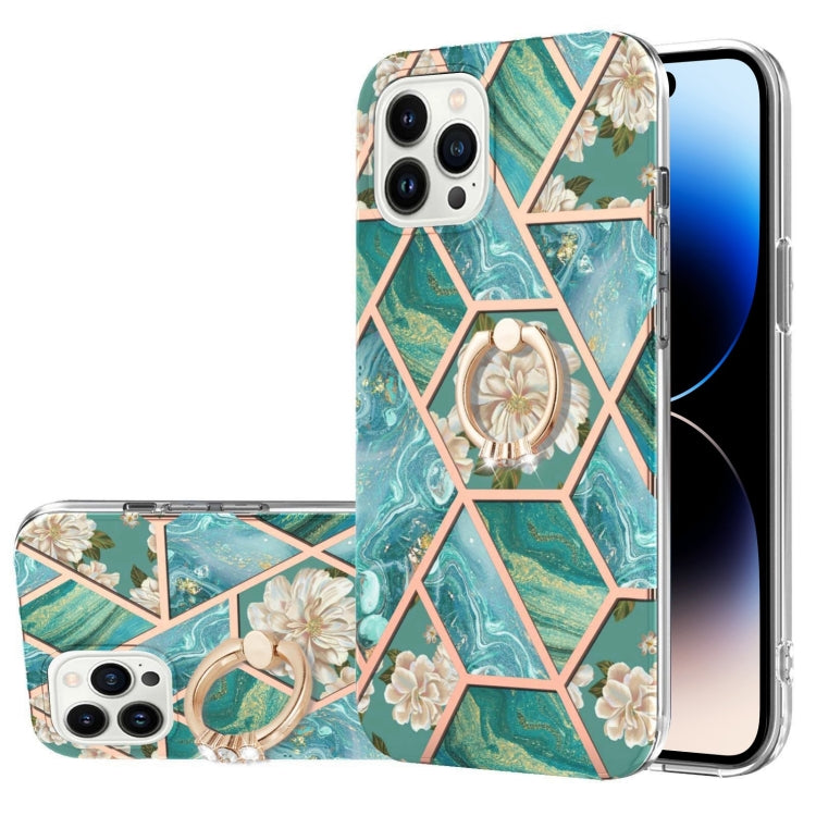For iPhone 14 Pro Electroplating Splicing Marble Flower Pattern TPU Shockproof Case with Rhinestone Ring Holder