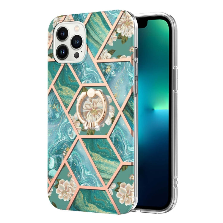 For iPhone 14 Pro Electroplating Splicing Marble Flower Pattern TPU Shockproof Case with Rhinestone Ring Holder