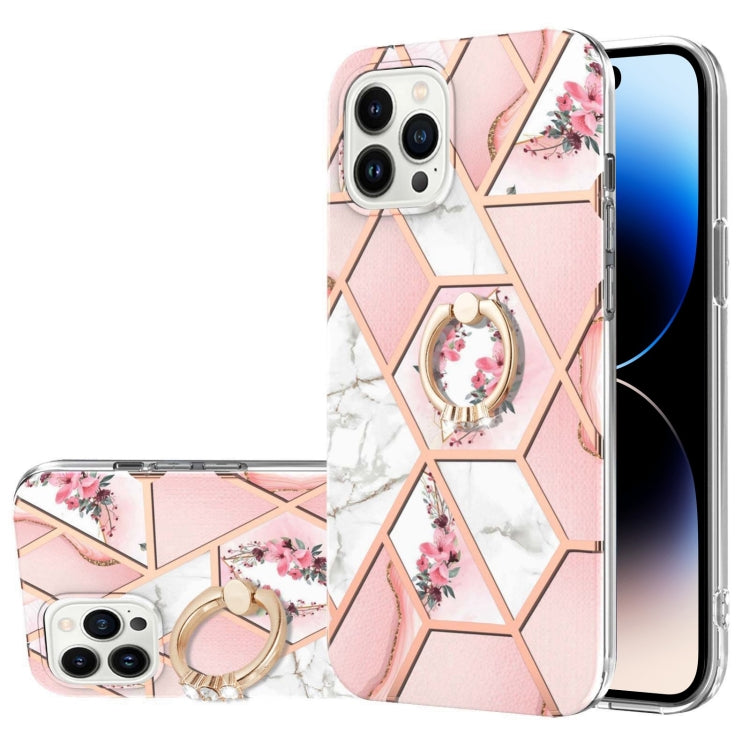 For iPhone 14 Pro Max Electroplating Splicing Marble Flower Pattern TPU Shockproof Case with Rhinestone Ring Holder