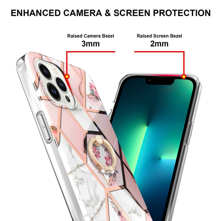 For iPhone 14 Pro Max Electroplating Splicing Marble Flower Pattern TPU Shockproof Case with Rhinestone Ring Holder