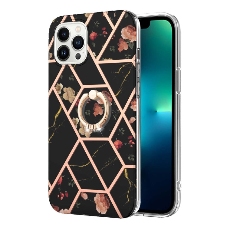 For iPhone 14 Pro Max Electroplating Splicing Marble Flower Pattern TPU Shockproof Case with Rhinestone Ring Holder