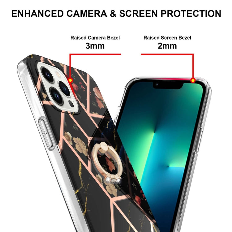 For iPhone 14 Pro Max Electroplating Splicing Marble Flower Pattern TPU Shockproof Case with Rhinestone Ring Holder