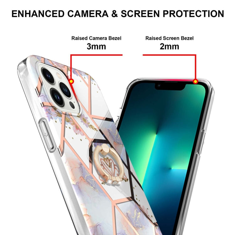 For iPhone 14 Pro Max Electroplating Splicing Marble Flower Pattern TPU Shockproof Case with Rhinestone Ring Holder