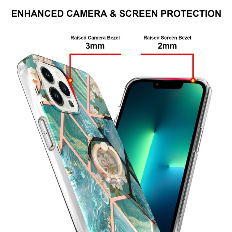 For iPhone 14 Pro Max Electroplating Splicing Marble Flower Pattern TPU Shockproof Case with Rhinestone Ring Holder