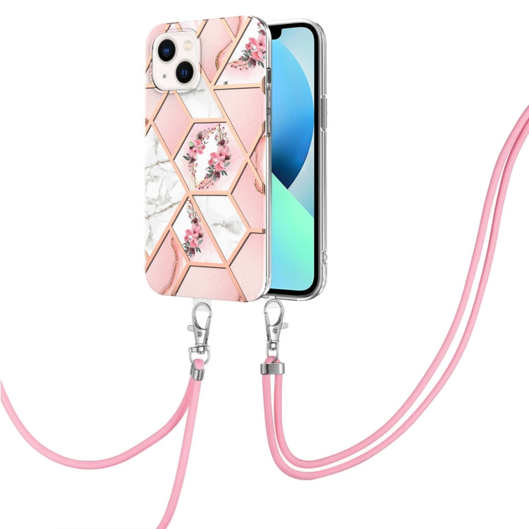 For iPhone 14 Electroplating Splicing Marble Flower Pattern TPU Shockproof Case with Lanyard