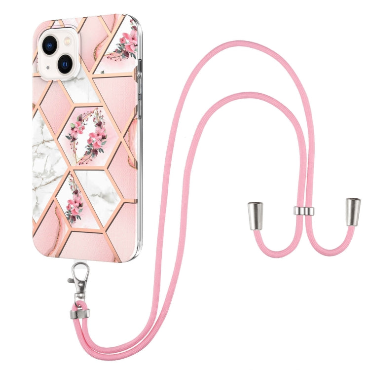 For iPhone 14 Electroplating Splicing Marble Flower Pattern TPU Shockproof Case with Lanyard
