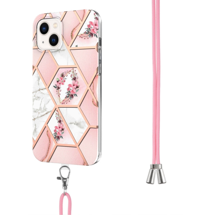 For iPhone 14 Electroplating Splicing Marble Flower Pattern TPU Shockproof Case with Lanyard