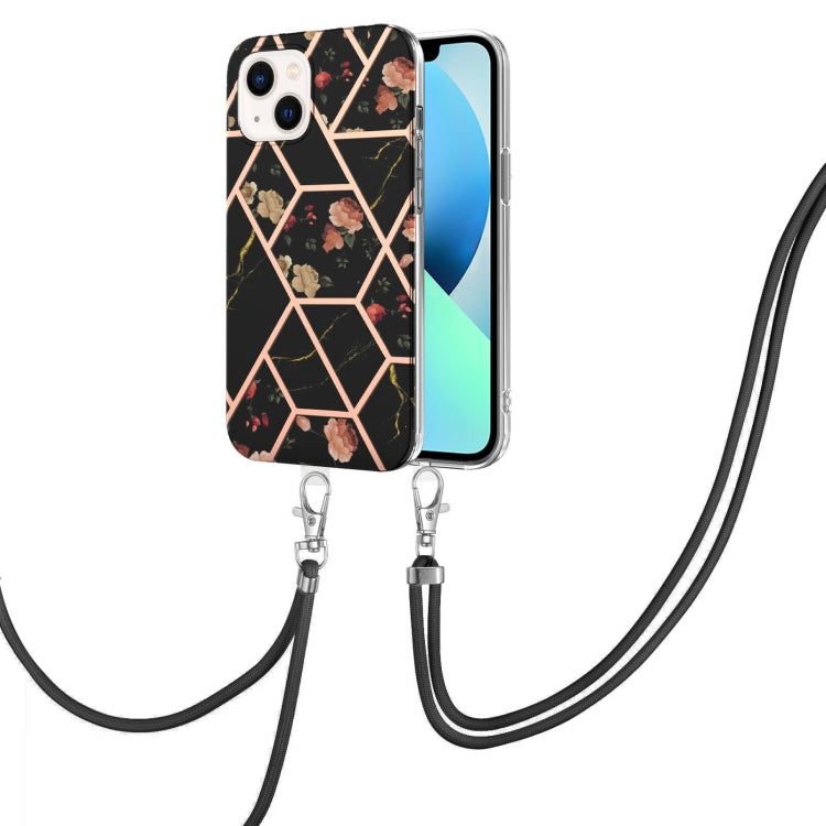 For iPhone 14 Electroplating Splicing Marble Flower Pattern TPU Shockproof Case with Lanyard