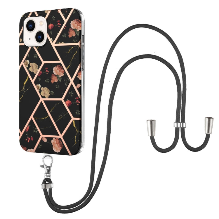 For iPhone 14 Electroplating Splicing Marble Flower Pattern TPU Shockproof Case with Lanyard