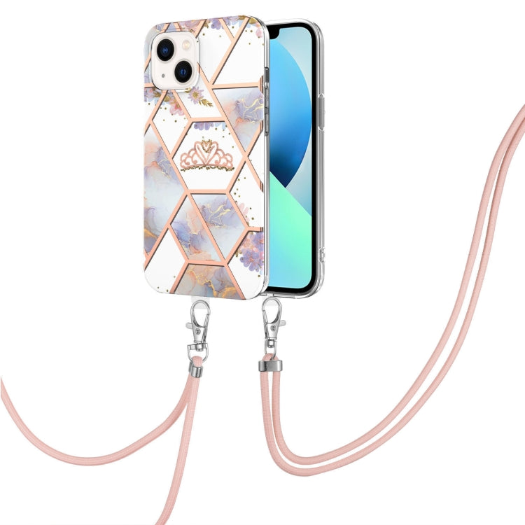 For iPhone 14 Electroplating Splicing Marble Flower Pattern TPU Shockproof Case with Lanyard