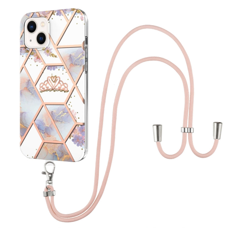 For iPhone 14 Electroplating Splicing Marble Flower Pattern TPU Shockproof Case with Lanyard