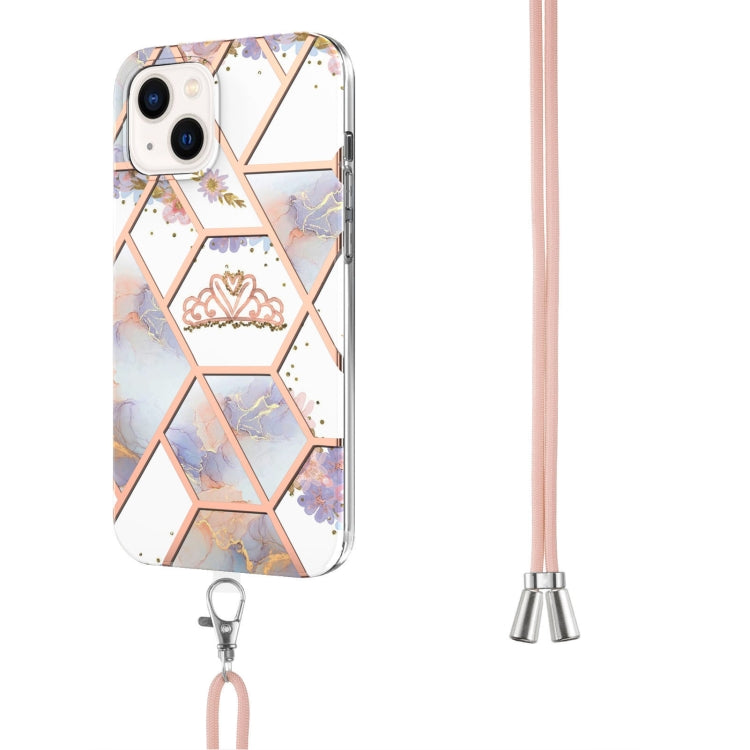 For iPhone 14 Electroplating Splicing Marble Flower Pattern TPU Shockproof Case with Lanyard