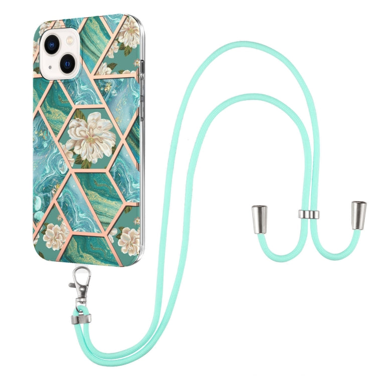 For iPhone 14 Plus Electroplating Splicing Marble Flower Pattern TPU Shockproof Case with Lanyard