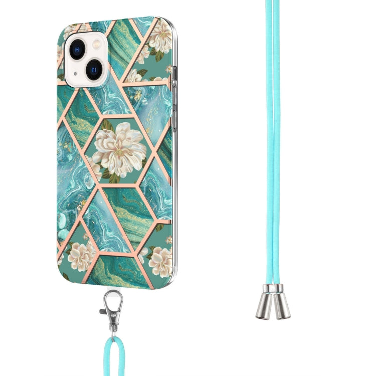 For iPhone 14 Plus Electroplating Splicing Marble Flower Pattern TPU Shockproof Case with Lanyard