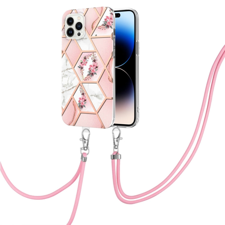 For iPhone 14 Pro Electroplating Splicing Marble Flower Pattern TPU Shockproof Case with Lanyard