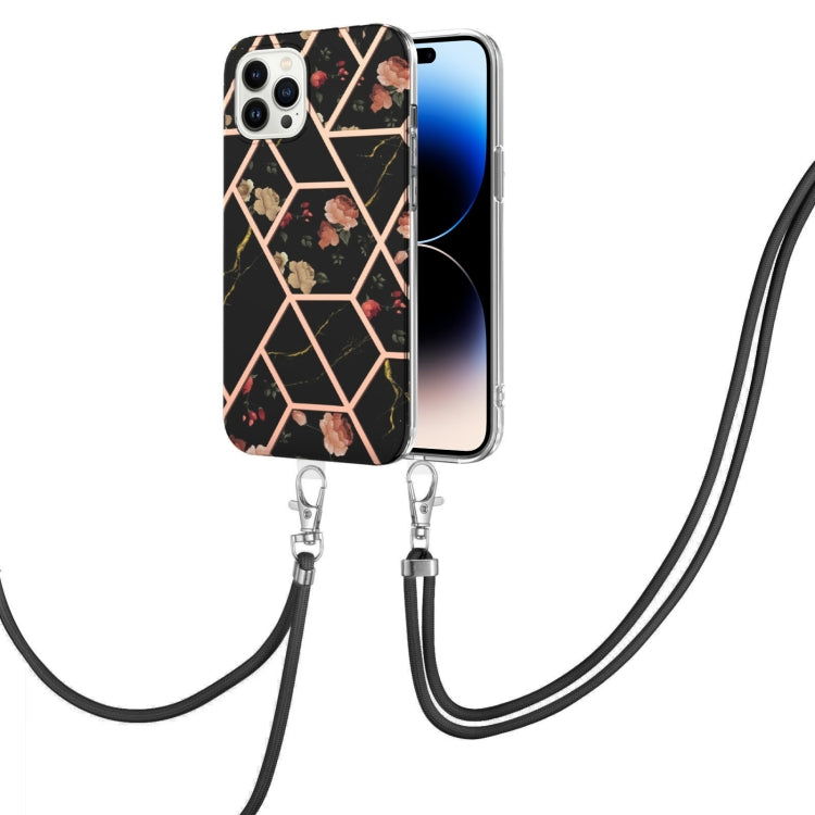 For iPhone 14 Pro Electroplating Splicing Marble Flower Pattern TPU Shockproof Case with Lanyard
