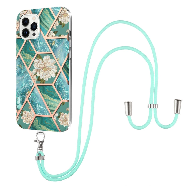 For iPhone 14 Pro Electroplating Splicing Marble Flower Pattern TPU Shockproof Case with Lanyard