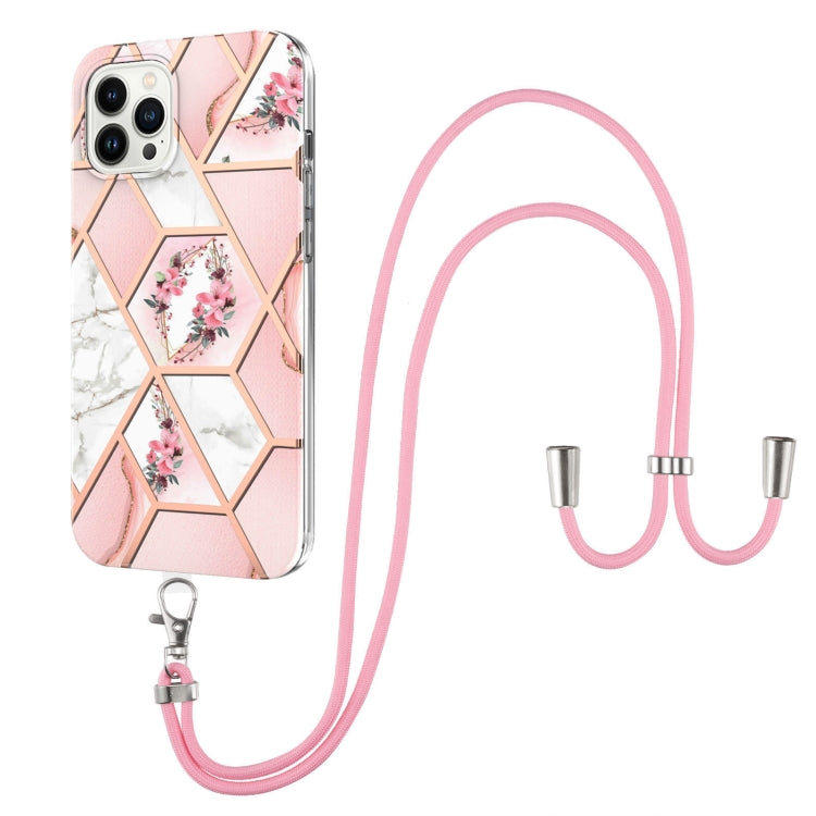 For iPhone 14 Pro Max Electroplating Splicing Marble Flower Pattern TPU Shockproof Case with Lanyard