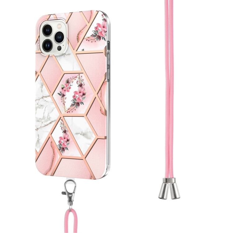 For iPhone 14 Pro Max Electroplating Splicing Marble Flower Pattern TPU Shockproof Case with Lanyard