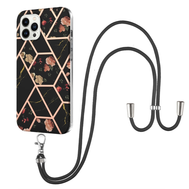 For iPhone 14 Pro Max Electroplating Splicing Marble Flower Pattern TPU Shockproof Case with Lanyard