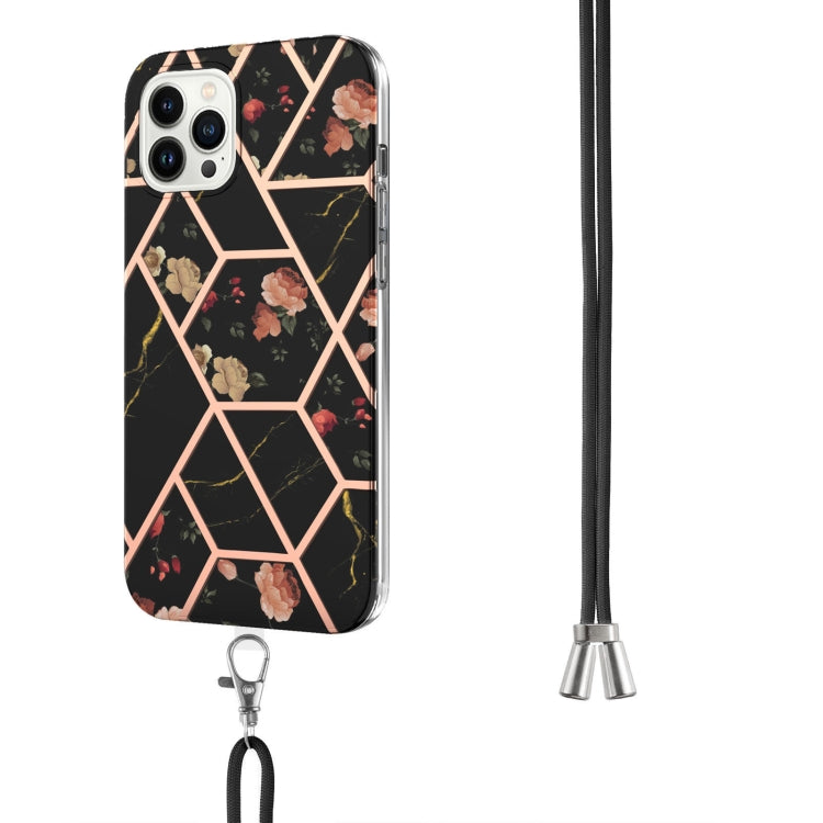 For iPhone 14 Pro Max Electroplating Splicing Marble Flower Pattern TPU Shockproof Case with Lanyard