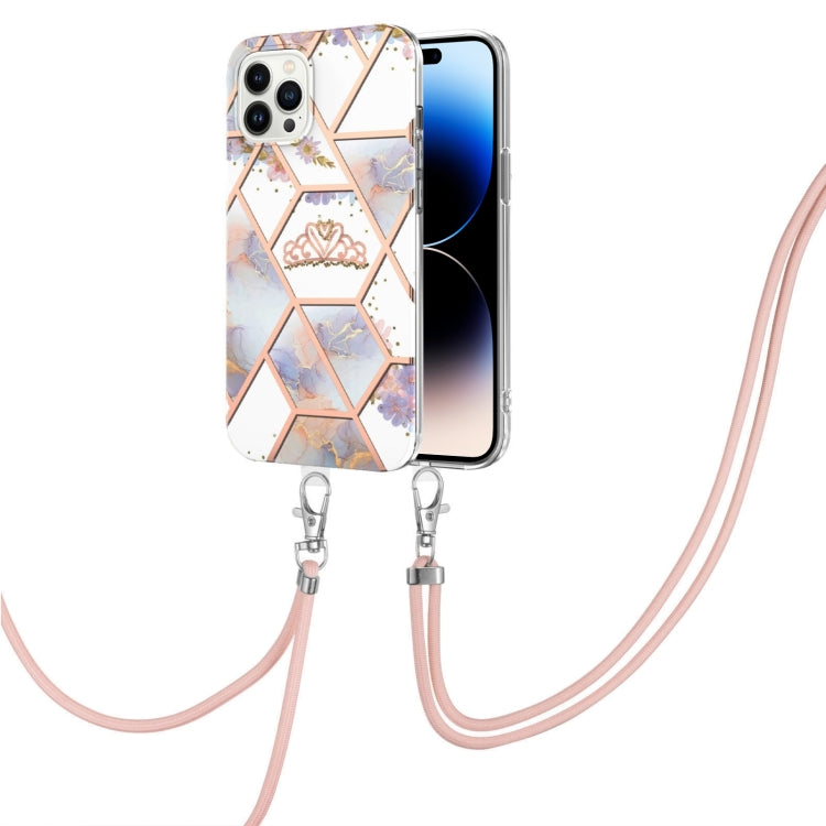 For iPhone 14 Pro Max Electroplating Splicing Marble Flower Pattern TPU Shockproof Case with Lanyard