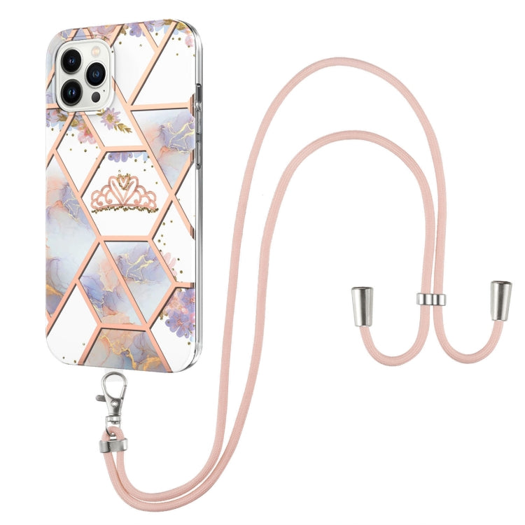 For iPhone 14 Pro Max Electroplating Splicing Marble Flower Pattern TPU Shockproof Case with Lanyard