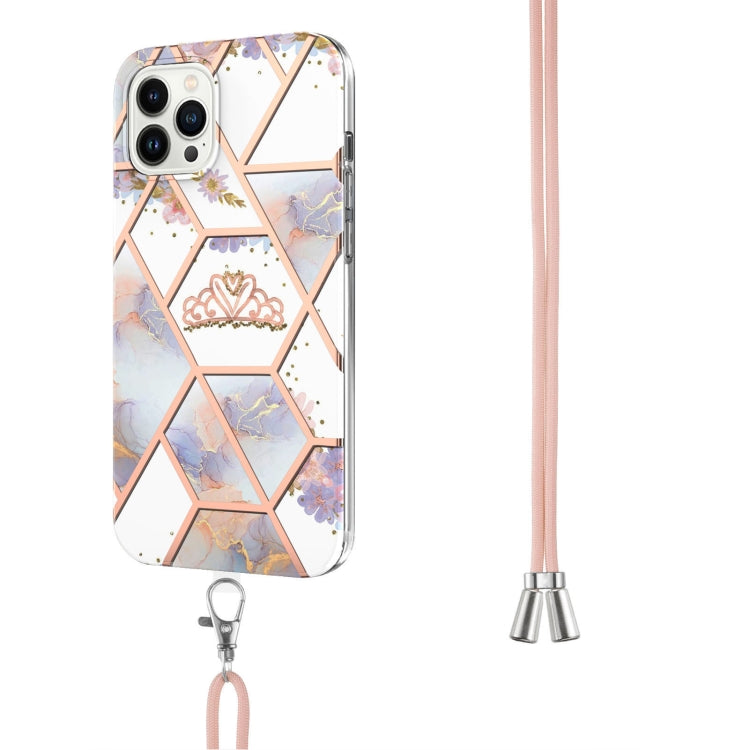 For iPhone 14 Pro Max Electroplating Splicing Marble Flower Pattern TPU Shockproof Case with Lanyard
