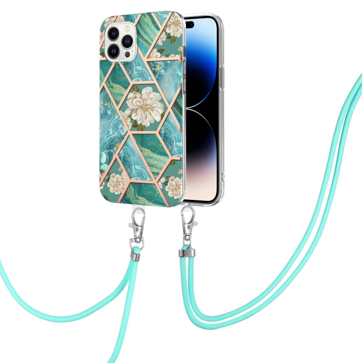 For iPhone 14 Pro Max Electroplating Splicing Marble Flower Pattern TPU Shockproof Case with Lanyard