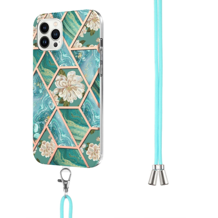 For iPhone 14 Pro Max Electroplating Splicing Marble Flower Pattern TPU Shockproof Case with Lanyard