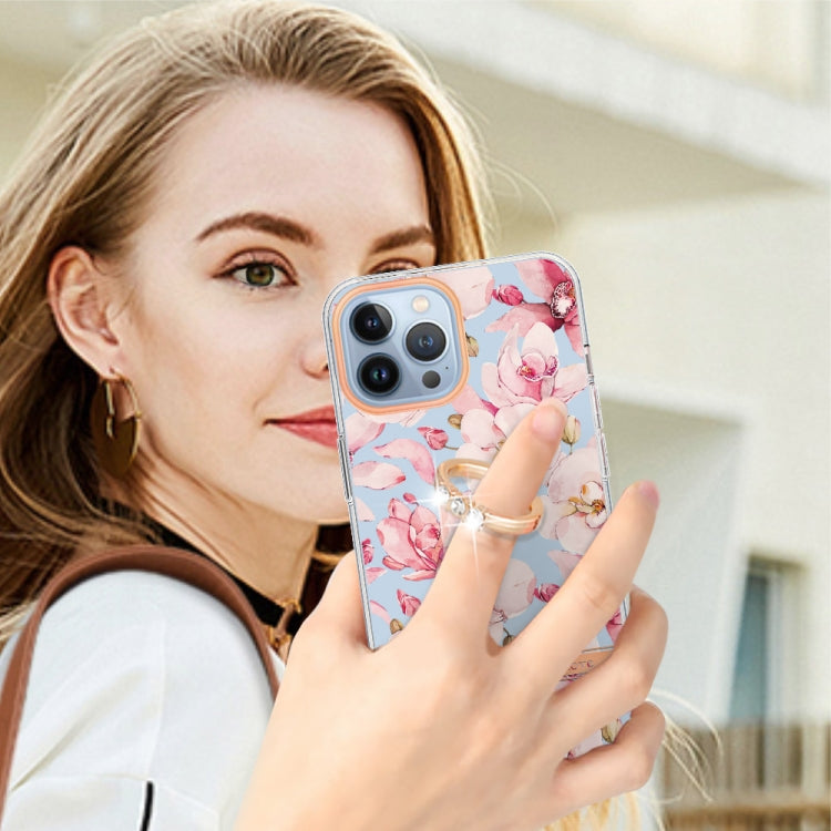 For iPhone 14 Pro Max Ring IMD Flowers TPU Phone Case