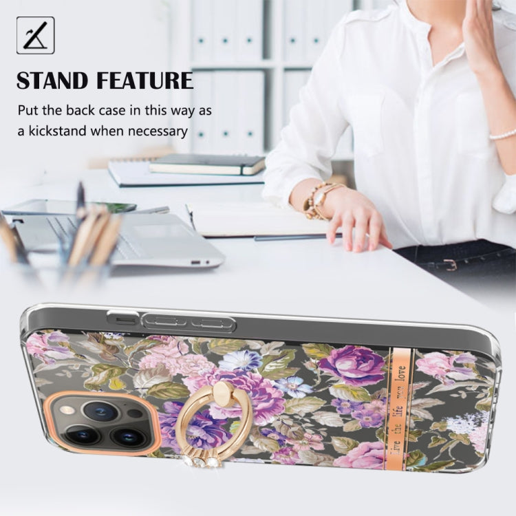 For iPhone 14 Pro Max Ring IMD Flowers TPU Phone Case