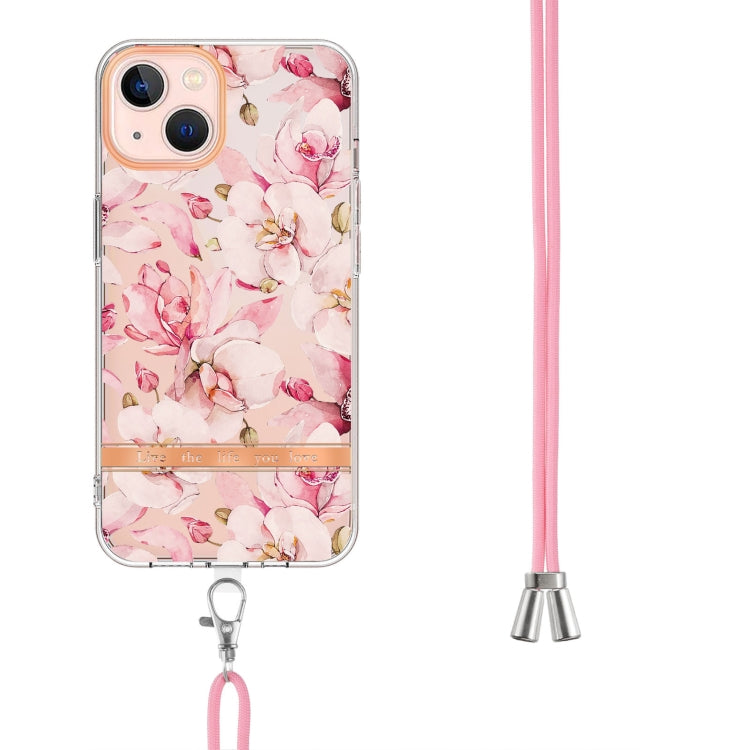For iPhone 14 Flowers and Plants Series IMD TPU Phone Case with Lanyard