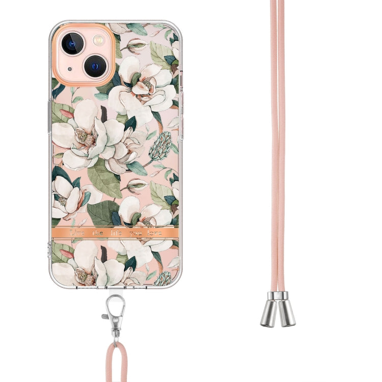 For iPhone 14 Plus Flowers and Plants Series IMD TPU Phone Case with Lanyard