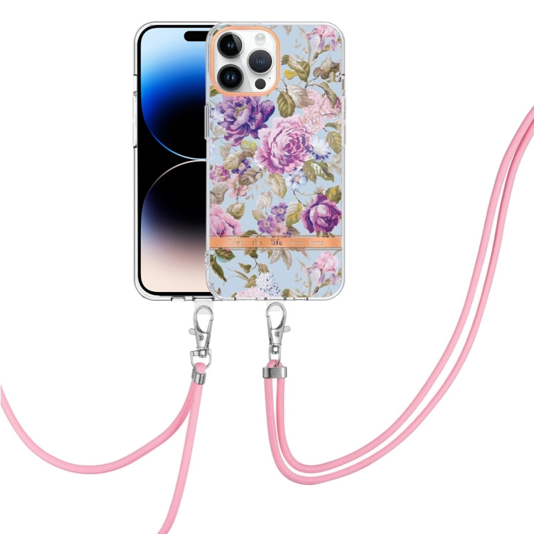 For iPhone 14 Pro Max Flowers and Plants Series IMD TPU Phone Case with Lanyard