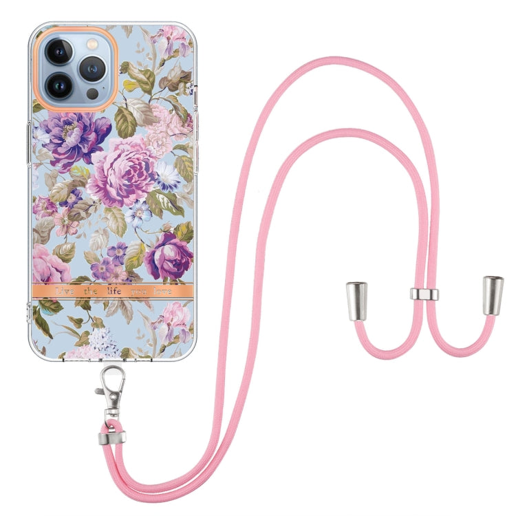 For iPhone 14 Pro Max Flowers and Plants Series IMD TPU Phone Case with Lanyard
