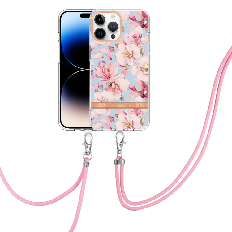 For iPhone 14 Pro Max Flowers and Plants Series IMD TPU Phone Case with Lanyard