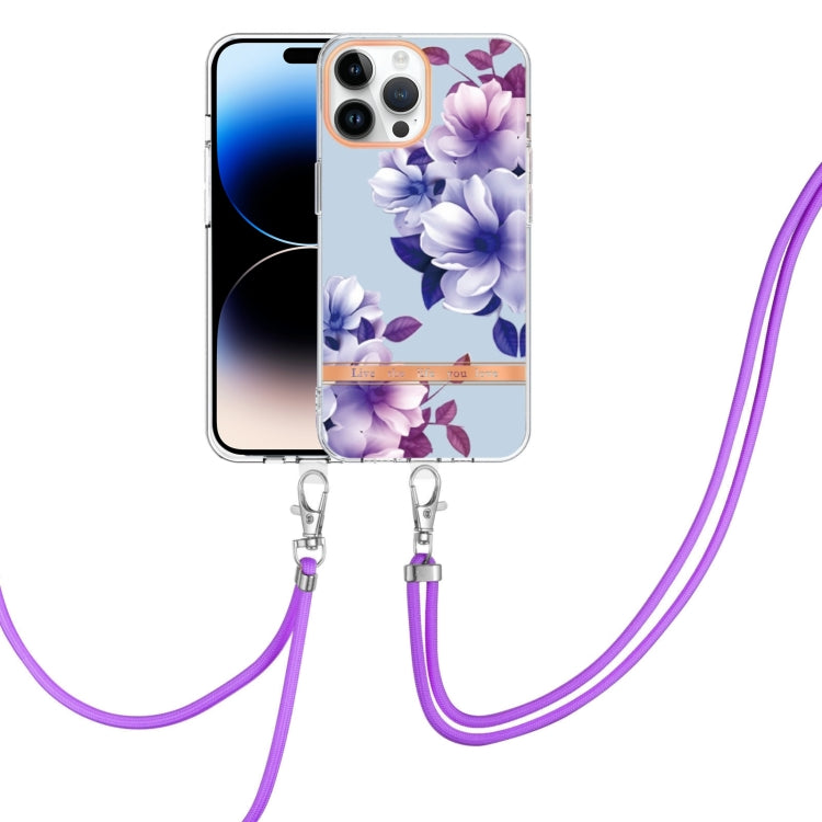 For iPhone 14 Pro Max Flowers and Plants Series IMD TPU Phone Case with Lanyard
