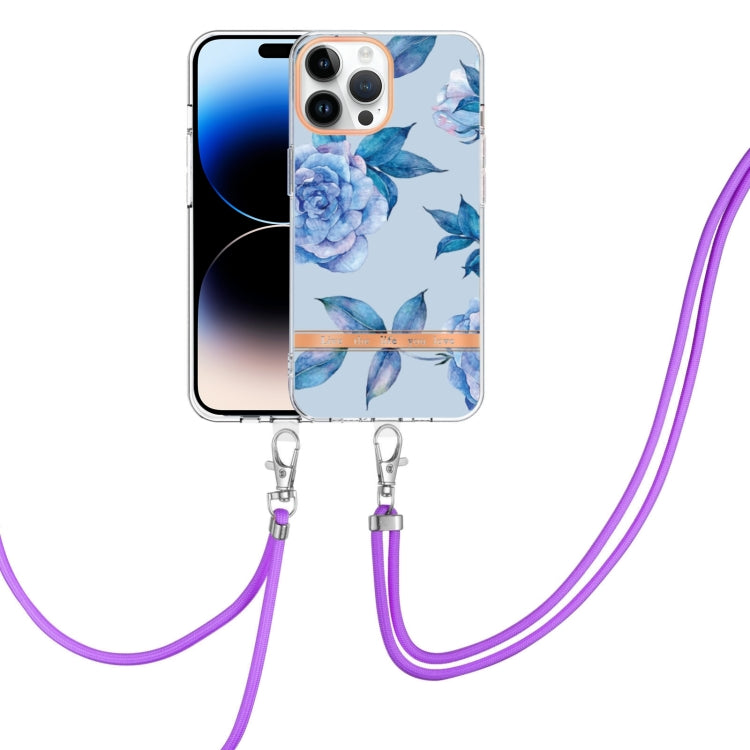For iPhone 14 Pro Max Flowers and Plants Series IMD TPU Phone Case with Lanyard