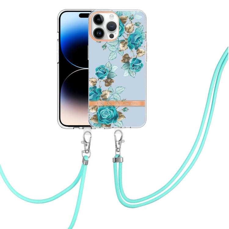 For iPhone 14 Pro Max Flowers and Plants Series IMD TPU Phone Case with Lanyard