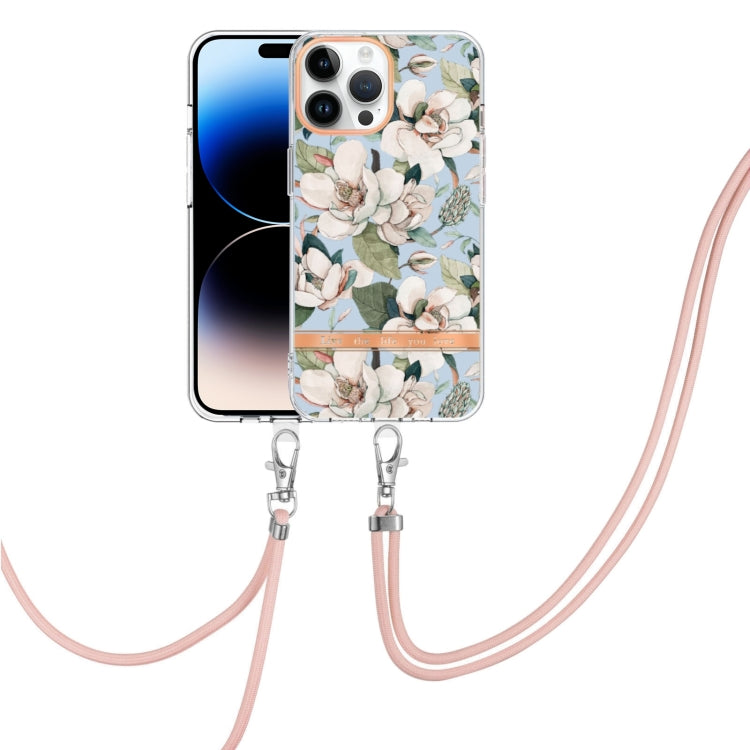 For iPhone 14 Pro Max Flowers and Plants Series IMD TPU Phone Case with Lanyard