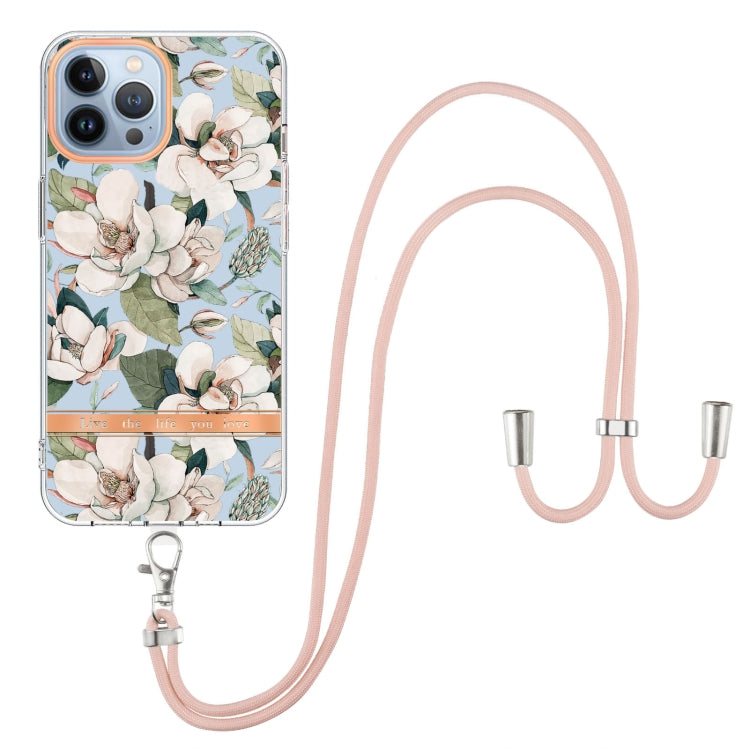 For iPhone 14 Pro Max Flowers and Plants Series IMD TPU Phone Case with Lanyard